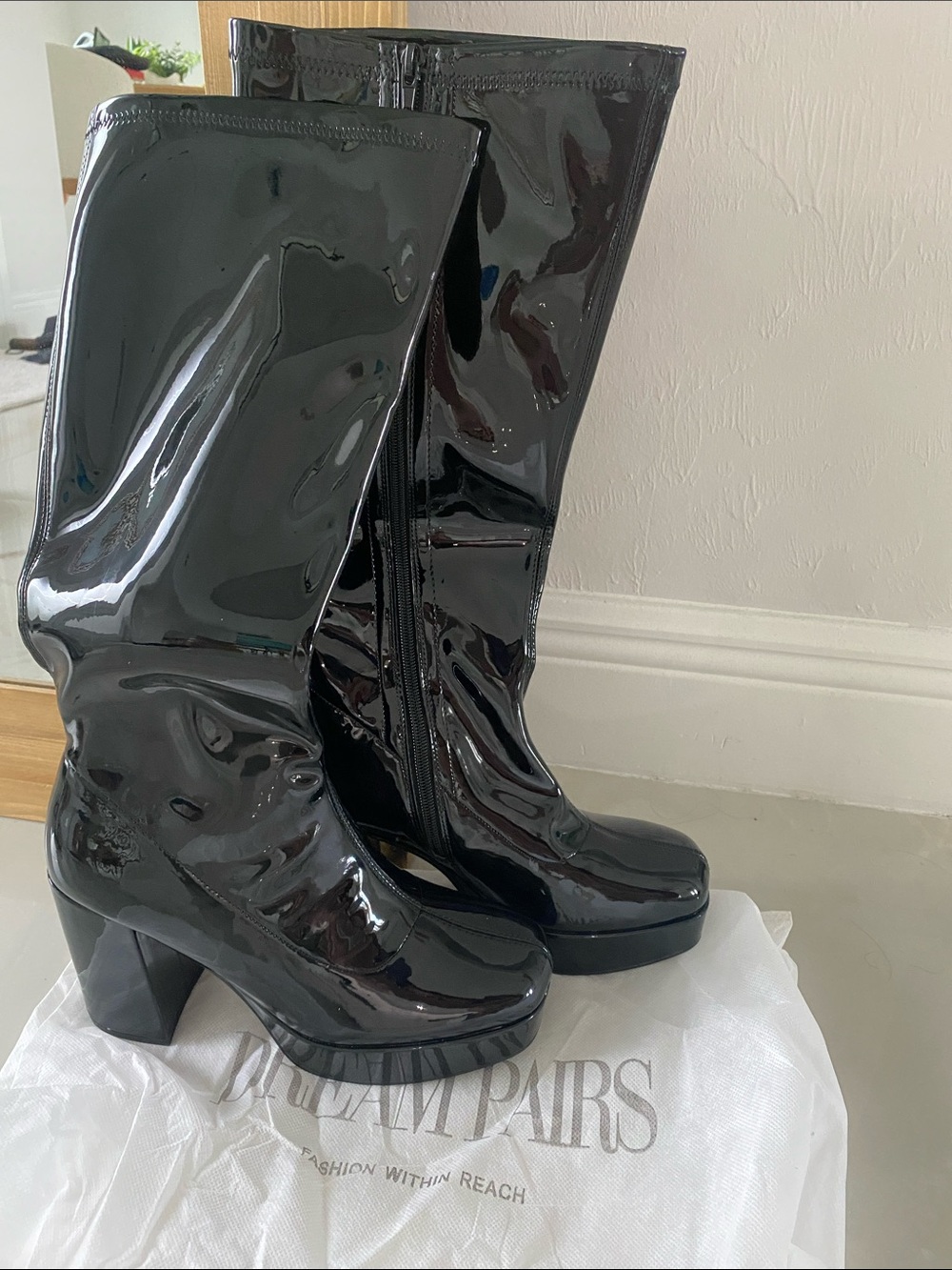 Dream Pairs Black Patent Platform Knee-High Block Heel Boots